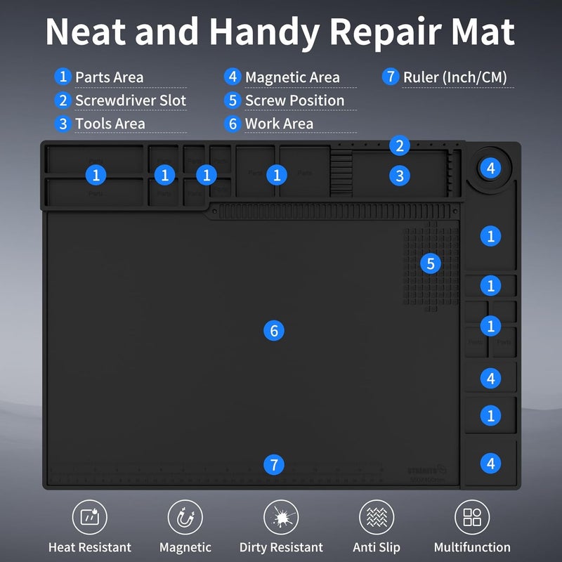 STREBITO Soldering Mat Large, Repair Mat Heat Resistant 932°F, Silicone Work Mat Magnetic Screw Mat for Soldering Iron, Electronics, PC Building, Laptop, RC, Phone, Size 21.7" x 15.8" (Black) - Image 5